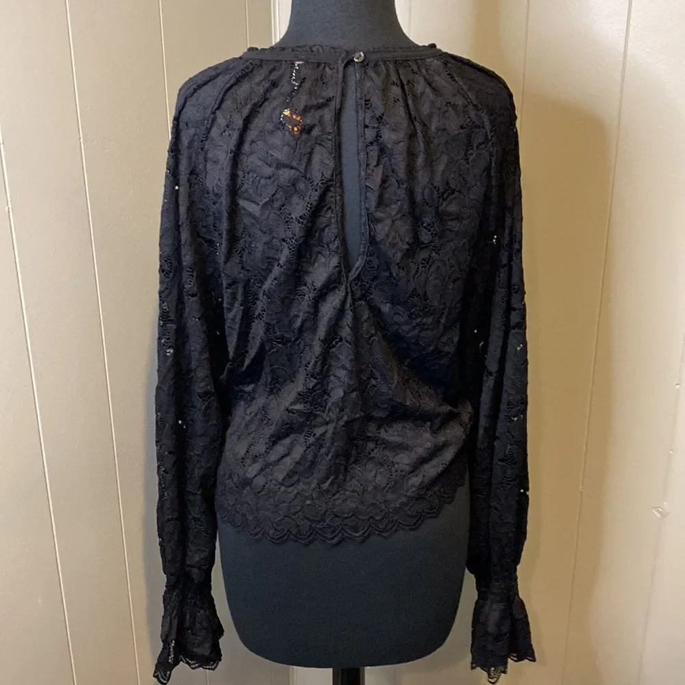 Free People Women's Small Olivia Lace Blouse Black Stretchy Soft